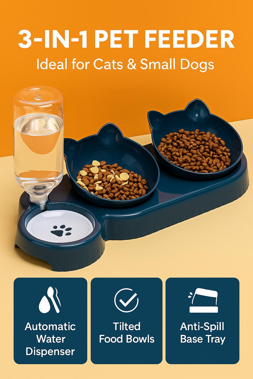 JP Snout MeowBar – 3-in-1 Feeding Station with Auto Water Dispenser for Cats