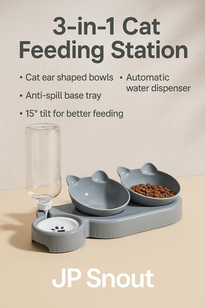 JP Snout MeowBar – 3-in-1 Feeding Station with Auto Water Dispenser for Cats